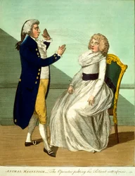 Animal Magnetism - Operatören försätter sin patient i en kris, från "A Key to Physics, and the Occult Sciences", 1800 (handkolorerat gravyr)